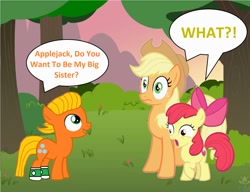 Size: 1840x1412 | Tagged: safe, artist:memeartboi, apple bloom, applejack, earth pony, pony, g4, adopted, adopted sister, adoption, alternate universe, applejack's hat, chatting, child, clothes, colt, cowboy hat, darwin watterson, discussion, female, filly, foal, hat, male, mare, ponified, shocked, shocked expression, shocked eyes, sister, socks, standing, surprised, talking, the amazing world of gumball, theory, trio