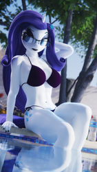 Size: 2160x3840 | Tagged: safe, artist:artempredator, rarity, unicorn, anthro, g4, 3d, bikini, blender, blender cycles, breasts, clothes, commission, glasses, horn, legs, solo, swimming pool, swimsuit, water