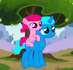 Size: 1824x1748 | Tagged: safe, artist:memeartboi, earth pony, pony, unicorn, g4, affection, anais watterson, beautiful, bonding, carrying, cute, daisy the donkey, duo, duo female, female, filly, foal, fun times, happy, heart, heartwarming, horn, little girl, mare, mother, mother and child, mother and daughter, motherly, motherly love, nicole watterson, ponified, riding, riding a pony, smiling, the amazing world of gumball, tree, unicorn horn, wholesome