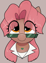 Size: 2032x2801 | Tagged: safe, artist:whiskeypanda, oc, oc only, oc:rummy cup, earth pony, pony, brown coat, bust, clothes, cute, earth pony oc, eye clipping through hair, eyelashes, female, freckles, fringe, jewelry, looking up, necklace, ocbetes, orange eyes, pink mane, smiling, solo, suit, sunglasses