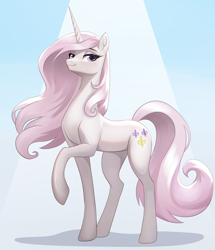 Size: 2420x2808 | Tagged: safe, artist:sierraex, fleur-de-lis, pony, unicorn, g4, female, horn, long legs, mare, raised hoof, shading, slender, solo, spotlight, tall, thin, windswept mane