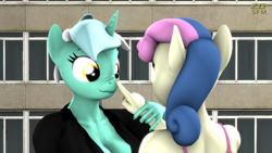 Size: 3840x2160 | Tagged: safe, artist:zgsfm, bon bon, lyra heartstrings, sweetie drops, earth pony, unicorn, anthro, g4, 3d, boop, breasts, building, cleavage, clothes, duo, duo female, female, finger, horn