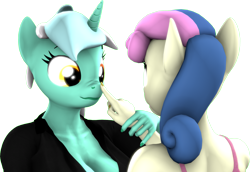 Size: 2937x2017 | Tagged: safe, alternate version, artist:zgsfm, bon bon, lyra heartstrings, sweetie drops, earth pony, unicorn, anthro, g4, 3d, boop, breasts, cleavage, clothes, duo, duo female, female, finger, horn, simple background, transparent background