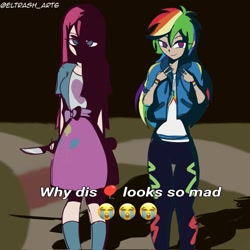 Size: 2047x2048 | Tagged: safe, artist:eltrash_art6, pinkie pie, rainbow dash, human, equestria girls, g4, boots, clothes, duo, duo female, emoji, female, humanized, jacket, knife, meme, pants, pinkamena diane pie, ponified meme, shoes, skirt, sweatpants, this will end in cupcakes, vest, why dis x look so mad