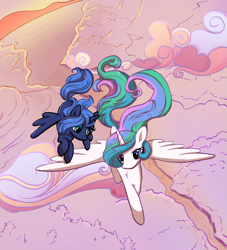 Size: 2459x2711 | Tagged: safe, artist:brella, princess celestia, princess luna, alicorn, pony, g4, cloud, cute, duo, duo female, earth, female, flying, siblings, sisters, spread wings, wings, young celestia, young luna