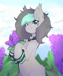 Size: 2540x3056 | Tagged: safe, artist:asusya, oc, oc only, oc:opal stone, pony, clothes, collar, colored sketch, female, flower, halfbody, heart, looking at you, mare, pony oc, sketch, smiling, smiling at you, socks, striped socks