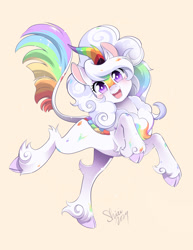 Size: 1250x1618 | Tagged: safe, artist:nekoshiei, oc, oc only, oc:cloudy canvas, kirin, cheerful, cloven hooves, commission, cute, female, looking at you, multicolored hair, multicolored tail, not celestia, simple background, smiling, smiling at you, solo, tail, white coat