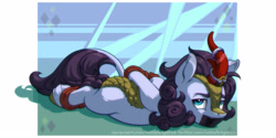 Size: 1600x800 | Tagged: safe, artist:gor1ck, oc, oc only, oc:silver brook, kirin, pony, arm behind back, bondage, bound and gagged, commission, gag, hooves behind back, horn, horn ring, lying down, magic suppression, male, passepartout, prone, ring, rope, rope bondage, ropes, solo, tape, tape gag, ych result