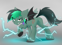 Size: 3000x2200 | Tagged: safe, artist:o0o-bittersweet-o0o, oc, oc only, oc:target strike, bat pony, hybrid, pegabat, pegasus, pony, big ears, butt, butt fluff, cheek fluff, commission, concave belly, ear fluff, ear piercing, earring, electricity, eye clipping through hair, eyelashes, featureless crotch, gradient background, grin, handkerchief, heterochromia, horn, jewelry, lightning, looking at you, male, male oc, narrowed eyes, piercing, plot, raised hoof, side view, slender, smiling, solo, stallion, stallion oc, standing, standing on three hooves, tail, thin, two toned mane, underhoof, unshorn fetlocks, ych result