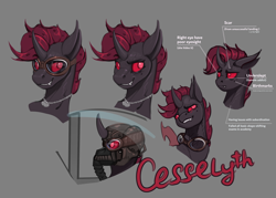 Size: 2800x2000 | Tagged: safe, artist:richmay, oc, oc:cesselyth, changeling, aviator goggles, changeling oc, dog tags, flight helmet, goggles, helmet, mask, pilot, red changeling, reference sheet, smiling, smirk