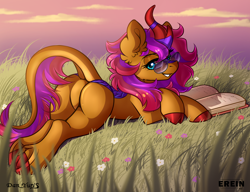 Size: 2600x2000 | Tagged: safe, alternate character, alternate version, artist:erein, artist:yuris, oc, oc only, oc:arcane spark, kirin, advertisement, beach, book, butt, chest fluff, cloud, collaboration, commission, dock, featureless crotch, female, field, flower, frog (hoof), grass, kirin oc, looking at you, looking back, looking back at you, lying down, multi ych "on the beach/field", plot, prone, sky, smiling, smiling at you, solo, tail, underhoof, ych result