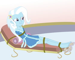 Size: 2500x2000 | Tagged: safe, artist:nie-martw-sie-o-mnie, part of a set, trixie, human, equestria girls, g4, bathrobe, bondage, breasts, cleavage, clothes, feather, feet, foot tickling, hairclip, robe, rope, rope bondage, solo, spa, tickling, tied down