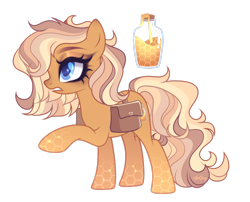 Size: 1920x1548 | Tagged: safe, artist:afterglory, oc, oc only, earth pony, pony, g4, adoptable, bag, blonde mane, blonde tail, blue eyes, blue pupils, brown coat, brown eyeshadow, colored eyebrows, colored pupils, crack ship offspring, eyelashes, female, female oc, frown, leg markings, long mane, long tail, magical lesbian spawn, mare, mare oc, multicolored mane, multicolored tail, next generation, offspring, parent:applejack, parent:bumblesweet, parents:bumblejack, profile, raised hoof, saddle bag, solo, standing on three hooves, tail, thick eyelashes