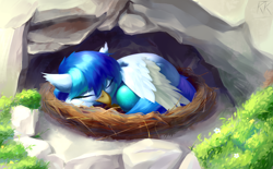 Size: 2000x1236 | Tagged: safe, artist:ktk's sky, oc, oc only, oc:radiant mote, classical hippogriff, hippogriff, cave, egg, eyes closed, female, flower, grass, nest, rock, sleeping, solo, wings