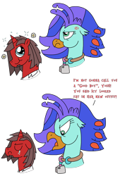 Size: 1416x2088 | Tagged: safe, artist:supahdonarudo, oc, oc only, oc:ironyoshi, oc:sea lilly, classical hippogriff, hippogriff, unicorn, angry, bust, camera, clothes, cross-popping veins, dialogue, emanata, flower, horn, i'm not calling you good boy, jewelry, meme, necklace, ponified meme, shirt, simple background, sparkles, text, transparent background