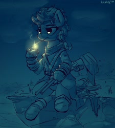 Size: 1800x2000 | Tagged: safe, artist:uteuk, oc, oc only, earth pony, pony, cap, cigarette, cliff, female, gun, hat, lighter, mare, robotic arm, sad, sleepy, smoking, solo, weapon, winchester