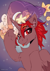 Size: 2480x3508 | Tagged: safe, artist:cherry_kotya, oc, oc only, oc:hardy, alicorn, pony, :p, chest fluff, ear fluff, hat, high res, looking at you, male, red eyes, red mane, solo, stallion, tongue out