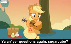 Size: 1920x1209 | Tagged: safe, artist:agrol, edit, applejack, earth pony, pony, comic:celestia's servant interview, most sweet apple, g4, accent, applejack's hat, basket, caption, content, cowboy hat, cs captions, cupcake, cute, detailed background, female, food, guitar, hat, image macro, interview, it was a good day, looking down, mare, musical instrument, picnic basket, picnic blanket, playing instrument, sitting, smiling, solo, sunset, text