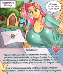 Size: 3000x3500 | Tagged: safe, artist:nauth, fluttershy, pegasus, anthro, comic:dragon slayer fluttershy, g4, ambiguous facial structure, big breasts, breasts, busty fluttershy, celestia's dragon breeding program, huge breasts, invitation, large butt, letter