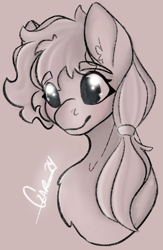 Size: 900x1377 | Tagged: safe, artist:trashpanda czar, oc, oc only, oc:high lander, pony, bust, chest fluff, ear fluff, eyebrows, eyebrows visible through hair, female, hair tie, mare, ponytail, portrait, procreate app, signature, simple background, sketch, smiling, soft shading