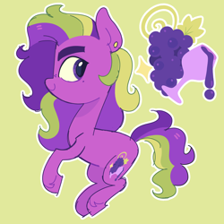 Size: 5000x5000 | Tagged: safe, artist:pilesofmiles, oc, oc only, oc:grapevine (pilesofmiles), earth pony, pony, big eyes, colored eyebrows, curly hair, curly mane, cutie mark, ear piercing, earring, eyebrows, freckles, green background, hoof fluff, jewelry, long mane male, looking back, male, male oc, mole, multicolored hair, multicolored mane, multicolored tail, outline, piercing, ponysona, profile, purple coat, purple eyes, simple background, smiling, solo, stallion, stallion oc, tail, thick eyebrows, wavy mane