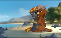 Size: 2232x1406 | Tagged: safe, artist:little-sketches, oc, oc only, oc:digidash, oc:grimvale, griffon, pegasus, beach, duo, duo male, hug, hug from behind, lake, looking at each other, looking at someone, male, mountain, rock, scenery, sitting, water