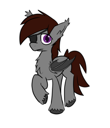 Size: 1174x1374 | Tagged: safe, artist:fruityhorssse, oc, oc only, oc:burro, bat, bat pony, bat pony oc, chest fluff, ear fluff, ear tufts, eyepatch, fangs, fluffy, folded wings, simple background, solo, unshorn fetlocks, white background, wings