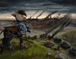 Size: 4500x3500 | Tagged: safe, artist:kelkessel, oc, oc:darien platecrête, griffon, equestria at war mod, city, fire, griffon oc, gun, knight, scar, scenery, sword, tank (vehicle), truck, weapon