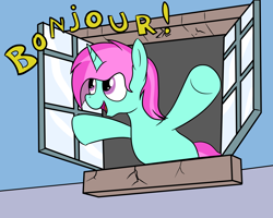 Size: 2000x1600 | Tagged: safe, artist:amateur-draw, oc, oc only, oc:belle boue, pony, unicorn, beauty and the beast, bonjour, french, horn, male, solo, stallion, window