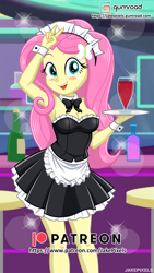 Size: 546x970 | Tagged: safe, artist:jakepixels, fluttershy, human, equestria girls, g4, bar, blushing, bottle, breasts, butterfly hairpin, cleavage, clothes, fluttermaid, glass, looking at you, maid, maid headdress, peace sign, serving tray, skinny, smiling, smiling at you, solo, thin