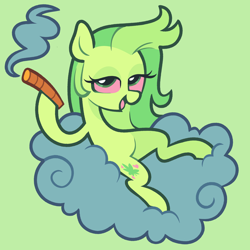 Size: 5000x5000 | Tagged: safe, artist:pilesofmiles, artist:pilesofmiless, oc, oc only, oc:cannabliss, earth pony, pony, blunt, cloud, colored sclera, drugs, female, green coat, green eyes, green mane, high, hoof hold, lidded eyes, looking at you, lying down, mare, marijuana, on a cloud, pink sclera, sitting, sitting on a cloud, smiling, smiling at you, smoking, solo, tail, two toned mane, two toned tail