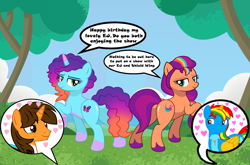 Size: 3515x2320 | Tagged: safe, artist:shieldwingarmorofgod, misty brightdawn, sunny starscout, oc, oc:ej, oc:shield wing, alicorn, earth pony, g4, g5, alicorn oc, birthday gift, butt, canon x oc, dialogue, engrish, female, g5 to g4, generation leap, horn, male, mane stripe sunny, plot, plot pair, self insert, straight, wings