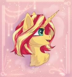 Size: 1644x1746 | Tagged: safe, artist:jsunlight, sunset shimmer, pony, unicorn, g4, bust, horn, portrait, profile, short mane, smiling, solo, starry eyes, wingding eyes