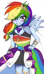 Size: 968x1624 | Tagged: safe, artist:pulse, rainbow dash, human, equestria girls, g4, the best night ever, choker, clothes, dress, eyebrows, eyebrows visible through hair, female, gala dress, grin, hair over one eye, hand on hip, humanized, looking at you, multicolored hair, rainbow dash always dresses in style, rainbow hair, raised eyebrow, simple background, smiling, smiling at you, solo, tomboy, white background, winged humanization, wings