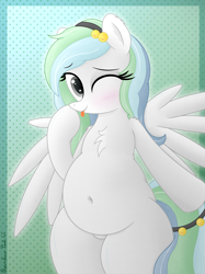 Size: 3016x4032 | Tagged: safe, artist:rainbowšpekgs, oc, oc only, oc:river chime, pegasus, pony, g4, :p, belly, belly button, bipedal, blush lines, blushing, chest fluff, chubby, cute, eyelashes, female, fupa, gradient background, gray eyes, headband, jingle bells, mare, not pregnant, one eye closed, patterned background, pegasus oc, shoulder fluff, solo, spread wings, standing, three toned mane, three toned tail, tongue out, white coat, wings, wink