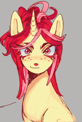 Size: 534x796 | Tagged: safe, artist:squilko, oc, oc only, oc:canvas cutter, pony, unicorn, g4, eyes open, freckles, gray background, horn, looking at you, red eyes, red mane, simple background, unicorn oc, yellow pony