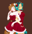 Size: 1376x1470 | Tagged: safe, artist:bylullabysoft, oc, oc only, oc:depth chaser, oc:lullaby, earth pony, unicorn, anthro, belt, blue eyes, bow, breasts, brown background, brown hair, brown tail, candy, candy cane, choker, christmas, christmas clothing, cleavage, clothes, colored background, dress, duo, earth pony oc, eyebrows, eyelashes, female, female oc, fingerless gloves, food, freckles, fur trim, futa, futa oc, gloves, green hair, green tail, headband, holiday, horn, intersex, licking, looking at you, narrowed eyes, open mouth, orange coat, short hair, shoulderless, simple background, skirt, smiling, smiling at you, tail, tongue out, unicorn oc, white coat