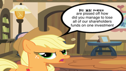 Size: 6666x3747 | Tagged: safe, artist:epicheavytf2, artist:pyrogaming, applejack, earth pony, pony, g4, absolutenutcase162, angry, applejack is not amused, book, door, farmhouse, female, implied big macintosh, interior, mare, meme, open mouth, rocking chair, room, shitposting, solo, speech bubble, staircase, stairs, sweet apple acres, table, unamused, wrong aspect ratio