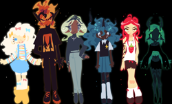 Size: 2048x1234 | Tagged: safe, artist:squilko, oc, oc only, oc:canvas cutter, oc:firecracker, oc:party crasher, oc:somber shade, oc:vedalia, oc:vesper shine, changeling, human, anthro, digitigrade anthro, g4, black background, dark skin, elf ears, group, horn, horned humanization, horns, humanized, light skin, sextet, simple background