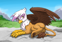 Size: 5047x3390 | Tagged: safe, artist:pzkratzer, gilda, griffon, g4, adorasexy, butt, cute, female, gildadorable, gildonk, looking at each other, looking at someone, lying down, mountain, paw pads, paws, plot, rock, sexy, solo, spread wings, underpaw, wings