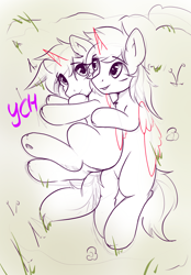 Size: 1640x2360 | Tagged: safe, artist:kristina, oc, alicorn, earth pony, pegasus, pony, unicorn, commission, couple, cute, heart, horn, ych sketch, your character here