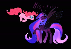 Size: 2048x1421 | Tagged: safe, artist:petaltwinkle, pinkie pie, twilight sparkle, alicorn, earth pony, pony, g4, :p, black background, blue eyelashes, colored eyelashes, colored pupils, colored wings, crown, duo, duo female, facing each other, fangs, female, floating heart, floppy ears, glowing, glowing mane, glowing tail, gradient legs, heart, heart eyes, height difference, hissing, hoof shoes, horn, in which pinkie pie forgets how to gravity, jewelry, long horn, long mane, long tail, mare, multicolored mane, multicolored tail, nightmare twilight, nightmarified, open mouth, peytral, physique difference, pinkie being pinkie, pinkie physics, princess shoes, regalia, shiny eyes, signature, silly, simple background, slender, smiling, smiling at someone, spread wings, tail, thin, tiara, tongue out, twilight sparkle (alicorn), wingding eyes, wings