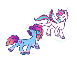 Size: 1280x1036 | Tagged: safe, artist:aviofthestars, misty brightdawn, zipp storm, pegasus, pony, unicorn, g5, bracelet, coat markings, colored wings, duo, duo female, eyes closed, female, flying, freckles, friendship bracelet, grin, horn, jewelry, lesbian, multicolored wings, raised hoof, rebirth misty, ship:dawnstorm, shipping, simple background, smiling, socks (coat markings), white background, wings