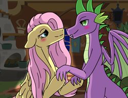 Size: 6500x5000 | Tagged: safe, artist:cookieponart, fluttershy, spike, dragon, pegasus, pony, g4, adult, adult spike, blushing, duo, duo male and female, female, fluttershy's cottage (interior), holding hands, looking at each other, looking at someone, male, mare, older, older spike, requested art, ship:flutterspike, shipping, smiling, smiling at each other, straight, winged spike, wings