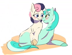 Size: 1406x1074 | Tagged: safe, artist:mayugraffiti, bon bon, lyra heartstrings, sweetie drops, earth pony, pony, unicorn, g4, adorabon, blushing, cute, duo, duo female, female, horn, lesbian, lidded eyes, looking at each other, looking at someone, lying down, lyrabetes, mare, prone, ship:lyrabon, shipping, simple background, smiling, smiling at each other, white background