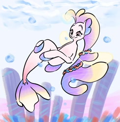 Size: 1484x1515 | Tagged: safe, artist:mayugraffiti, destiny (g5), seapony (g4), g5, my little pony: tell your tale, bioluminescent, bubble, coral, dorsal fin, female, fin, fin wings, fins, fish tail, flowing mane, flowing tail, jade sea, mare, ocean, scales, sea pony (g5), seaweed, smiling, solo, swimming, tail, underwater, water, wings