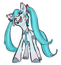 Size: 1345x1436 | Tagged: safe, artist:mayugraffiti, earth pony, pony, clothes, eyes closed, female, hatsune miku, mare, microphone, necktie, open mouth, open smile, ponified, simple background, singing, smiling, solo, vocaloid, white background