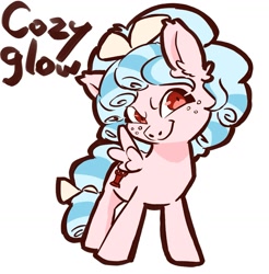 Size: 1439x1463 | Tagged: safe, artist:mayugraffiti, cozy glow, pegasus, pony, g4, female, filly, foal, looking at you, name, simple background, smiling, smiling at you, smirk, solo, spread wings, white background, wings