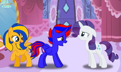 Size: 3985x2356 | Tagged: safe, artist:amity, rarity, oc, oc:flare spark, oc:stephen (stephen-fisher), alicorn, pegasus, pony, unicorn, canterlot boutique, g4, my little pony: friendship is magic, alicorn oc, alternate hairstyle, carousel boutique, female, horn, mare, mirror, pegasus oc, trio, wings