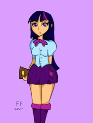 Size: 1620x2160 | Tagged: safe, artist:funnypancake, twilight sparkle, human, g4, anime, anime style, book, clothes, female, humanized, purple background, shirt, shoes, simple background, skirt, solo